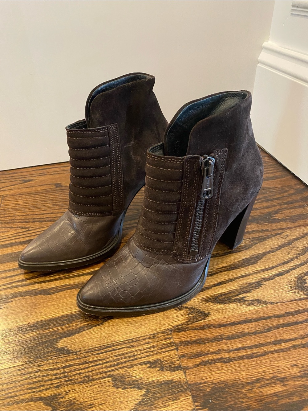 AllSaints Chocolate Brown Croc-Embossed & Suede Ankle Booties with Side Zip